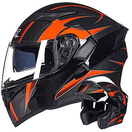 Motorrad Modularer Helm mit doppelter Anti-Fog-Linse Motorrad helme D.O.T Integralhelm Moped Roller Klapphelm Schutzhelm für Herren & Damen (Schwarz-Orange Kohlefaserstruktur) (58~60cm L)