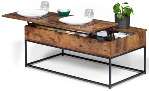 IDMarket – Mesa baja con bandeja elevable rectangular Dayton efecto envejecido, diseño industrial