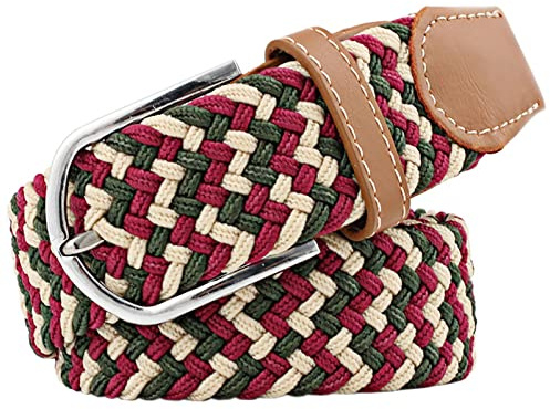 JK Home 3,3 cm brett flätat stretchbälte, 3 storlekar elastiska vävda midjebälten med PU-läderspänne, casual män kvinnor canvasbälte, Röd grön beige, 115 cm