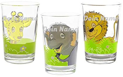 LUXENTU Kinderbecher Dschungel mit Gravur vertikal, 205 ml, 3 Stück | Personalisierte Trinkgläser für Kinder mit tierischen Motiven & Namensgravur, 3 verschiedenen Namen