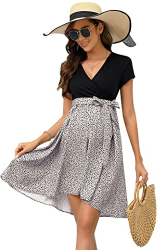 KOJOOIN Abito premaman donna scollo V, ginocchio, vita alta, maniche corte (confezione multipla), Leopardo marrone, XL