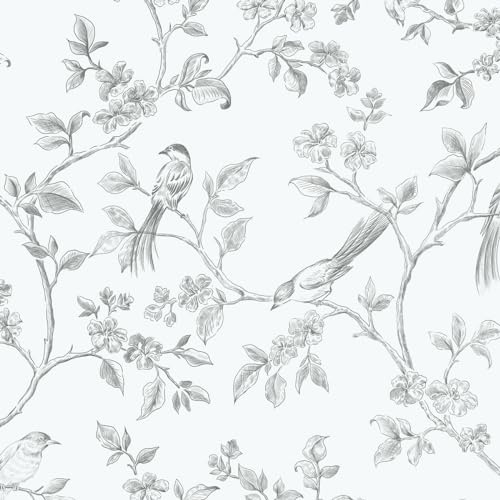 Yomshi Selbstklebende Tapete Vögel Blumen Tapeten Weiß Klebefolie Möbel Wasserdicht Vinyl Möbelfolie 41CMx3M Wandtapete für Schlafzimmer Wohnzimmer Küche