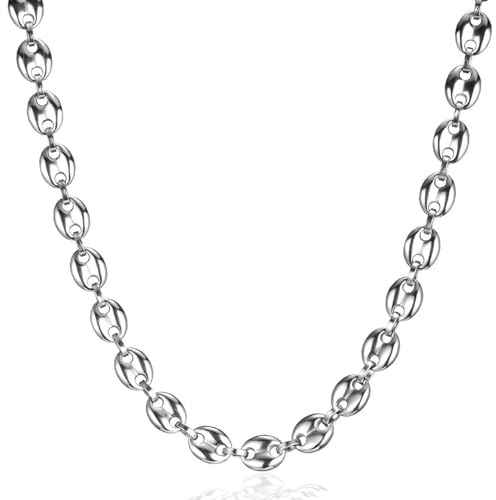 LOCCY Herren Kette Halskette, 6/7/9/11mm breit Edelstahl Kaffeebohne Kette Bohnenkette Silberkette Hip Hop Halskette für Männer Jungen, Länge 46/51/56cm, Silber (Silber-6mm Breit, 56)