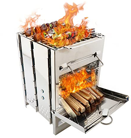 JTBDWOSK Tragbar Edelstahl Campinggrill Mit Tragetasche, Mini Klappbar Campingkocher Kohlegrill Für Solo-Camping Backpacking Wandern BBQ,Silber