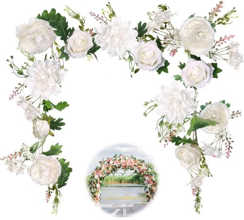 MEYAGOT Künstliche Blumen Girlande, Rosen Blumenrebe, Blumengirlande Für Tür, Blumengirlande Deko Rosen Girlande Seidenblumen Hängend Rebe Für Zuhause Garten Hochzeit Bogen Party Dekoration (Weiß)