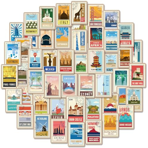 Vintage Landmark Stickers for Travel Enthusiasts, 50PCS Retro Cityscape Decals for Travel Gear Luggages Laptops & Bikes - Classic Urban Symbol Stickers for Teens Adults