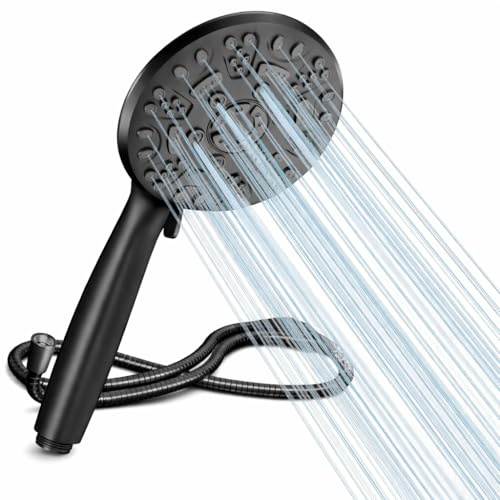 Cobbe Shower Head and Hose, High Pressure Shower Head with 8 Spray Modes, Powerful Bathroom Water Saving Shower Heads Set, Large Universal Flow Rain Showerhead for Low Water Pressure Black