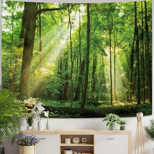 Skcess Wandteppich Wald Natur Wandbehang Grün, Wandtuch Baum Sonnenaufgang Tapisserie Jungle Landschaft Wandtücher Wall Tapestry 150 x 130 cm