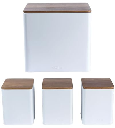 Salter Toronto 4-Piece Countertop Set –Tea, Sugar, Coffee Canisters & Bread Bin, Storage Containers, Powder Coated White Finish, Acacia Wooden Lids, Stylish, Storage Jars, White/Wooden, COMBO-9301