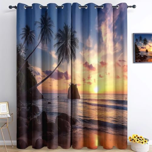 Blickdichte Vorhänge Schlafzimmer Wohnzimmer Verdunkelungsvorhang Kokosnuss Bäume und Felsen auf Der Lnsel Blickdicht Vorhänge Kinderzimmer Schlafzimmer Thermovorhang Mit Ösen 214 x 91.5 cm（H X B）