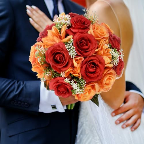 M METERXITY Brautsträuße für die Braut, künstlicher Blumenstrauß für Hochzeit Brautsträuße für Braut/Brautjungfer, Sträuße mit Seidenband [Rot]