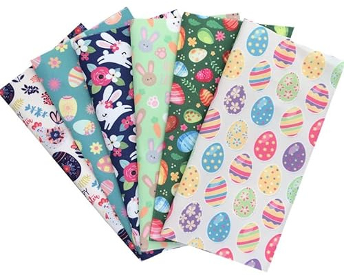 BrightGlow 6 Pcs Osterstoff Patchwork Stoffe Zum Nähen Fat Quarters Quilten Stoffbündel Ei Kaninchen Karotte Bedruckter Stoff Ostern Tag Stoff DIY Ostern Thema Quiltingstoff Bündel für Nähen 50X50cm