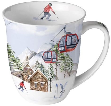 Tasse Weihnachten Lift an Skihütte aus Porzellan. Motivtasse für den gedeckten Tisch und als Geschenk 0,4L x H10,5cm