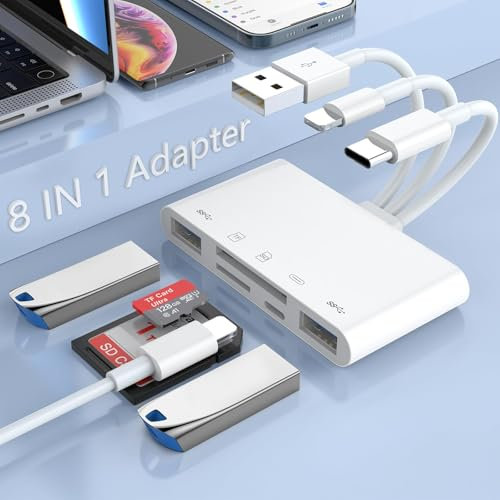5-in-1 Type C+USB+Lightning to SD Card Reader for iPhone/iPad/Android/Mac Book/Computer for Camera,Hard Disk,Flash Drive, 2 USB 3.0 + Charging Port OTG Adapter Support SD/Micro SD/SDHC/SDXC/MMC