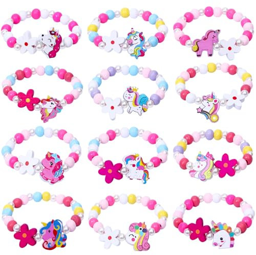 Seamart 12Stk Holz Armbänder für Mädchen Bunte Kinderschmuck Handmade Armband Einhorn Armband Blumen Schmetterling Freundschaftsarmband Schmuck Kinder Mitgebsel Kindergeburtstag Geschenke