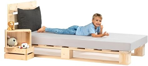 Lermowood Palettenbett M1 aus Holz 120 x 200 cm Natur mit Kopfteil Holzbett 20cm Stabiles Seniorenbett Kinderbett Jugendbett Gästebett erhöhtes Einzelbett Bettgestell Futonbett Komforthöhe Naturholz