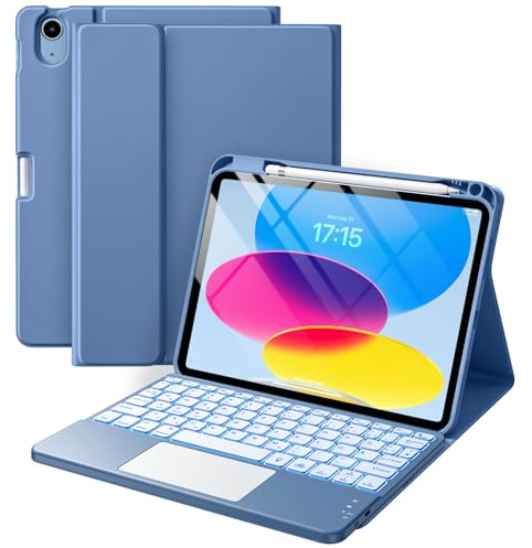Vobafe Touchpad Hülle mit Tastatur für iPad A16 11 10 Generation 2025 2022 | 11/10,9 Zoll, Magnetische Abnehmbar Tastatur, 7 farbige beleuchteter, mit Stifthalter, QWERTZ Layout, Blau