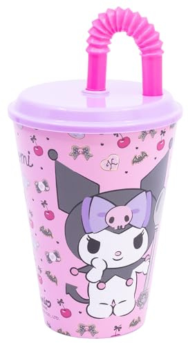 Stor Kuromi - Bicchiere per bambini, riutilizzabile, con coperchio e cannuccia, 430 ml