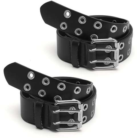 APOMOONS Cintura borchiata nera da donna, con doppio foro in pelle, cintura in jeans, stile punk, per cosplay, borchie hip hop, Argentato, 60-80