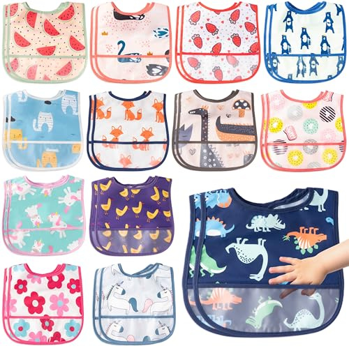 2ooya 26Pcs Baby Feeding Bibs with Crumb Catcher Pocket Waterproof Sleeveless Teething Plastic Food Bib Set Adjustable Toddler Infant Keepsake Gift for Baby Shower, 6-24 Months