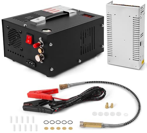 Tesoroli 350W PCP Air Compressor, 4500Psi/30Mpa, 12V DC & 110V AC, Oil/Water-Free, Burst Disc Safety Valve, Built-in Cooling Fan for Air Rifle, Paintball, Scuba Tank