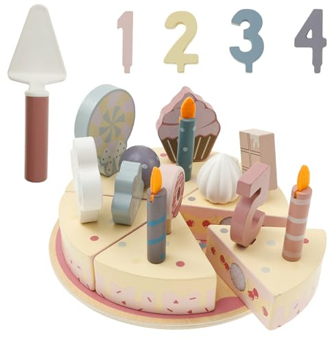 Wooden Birthday Cake Toy, Cutting and Decorating Birthday Cake Role Play Pretend Toys, Wooden Play Food Toy Kitchen Accessories and Tea Party Set for 3 4 5 Years Old Girls Boys Kids(Pink)