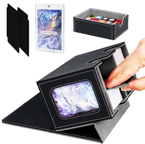 Jaffzora Boîte de jeu de cartes pour MTG Commander, boîte à cartes TCG, boîte de rangement pour cartes à collectionner en cuir PU magnétique, pour 150 cartes à double étui, noir et gris