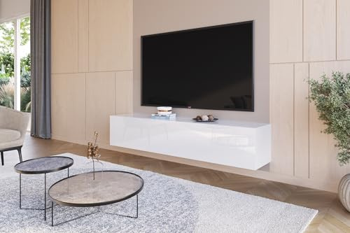 HAJDUK FURNITURE Lowboard Hängend Hochglanz Weiß 180 cm TV Unterschrank Push to Open Griffloses Fernsehtisch für Fernseher bis 65 Zoll Wohnzimmer 180x35x40 cm Wohnwand Modern