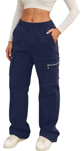 Cargo Trousers for Women UK Wide Leg Combat Pants with Zipper Pockets Utility Elasticated High Waisted Straight Leg Work Trousers Y2k Teen Girls Hiking Walking Outdoor School Streetwear Gothic Clothe
