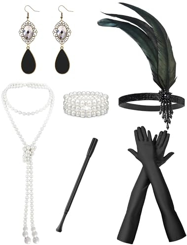 20er Jahre Kostüm Damen 1920er Flapper Accessoires Set für Frauen Faschingskostüme Karneval Halstuch Perlenbesetzte Halsketten Ohrringe Armreifen Handschuhe Vintage Accessoires für Ballkleider 6er Set