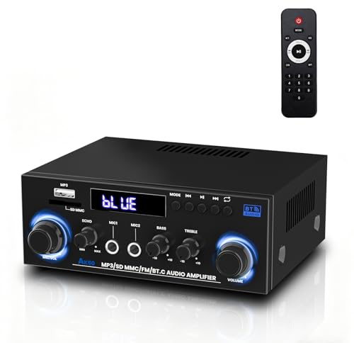 HiFi-Verstärker AK50 Mini Bluetooth Stereo-Audioverstärker Receiver 12V/ 220V 500W 2 Kanäle Digitale Endverstärker Soundverstärker w/UKW-Radio, SD/USB-Karteneingang, für Zuhause oder Auto