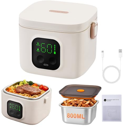 ExKeen Elektrische Lunchbox mit Akku, 800ML Electric Lunch Box für Erwachsene Kinder, Beheizte Lunchbox mit 14000mAh Akku, Edelstahl Heatsbox für Zuhause, Schule, Reisen und Büro
