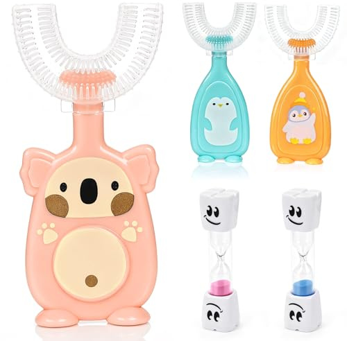 Lot de 3 brosses à dents en forme de U pour enfants avec 2 minuteurs de 2 minutes, tête de brosse en silicone souple de qualité alimentaire, brosse à dents manuelle à 360 ° pour les tout-petits et les
