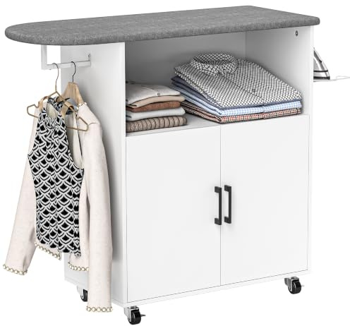 HOMCOM Mobile Asse da Stiro Barra Appendiabiti 125x43.5x102.5 cm Bianco | Portaferro da Stiro, Mobile da Stiro Multiuso con Ripiano Aperto, Ruote a Freno, Armadietto con Ripiano Regolabile