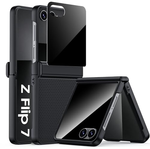 for Samsung Galaxy Z Flip 7 Case Slim, Built-in [Hinge Protection ] [Privacy Screen Protector] Non-Slip Hard Full Body Shockproof Protective Phone Case for Galaxy Z Flip 7 (Black)