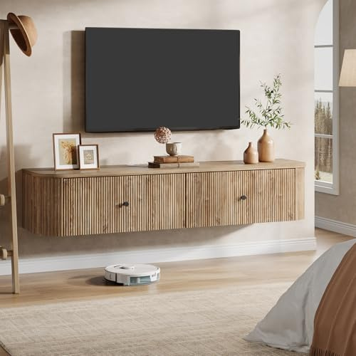 Tribesigns Mobile TV a parete flottante, console TV da muro da 140 cm con 2 cassetti scanalati, mensola multimediale flottante moderna per soggiorno, camera da letto, rovere