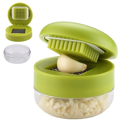 2/1Pc Mini Garlic Chopper and Press with Container, Kitchen Manual Garlic Mincer Crusher Cutter Grinder, Stainless Steel Blades, Handheld Garlic Slicer Dicer Tool – Easy-Squeeze, Easy to Clean (2Pcs)