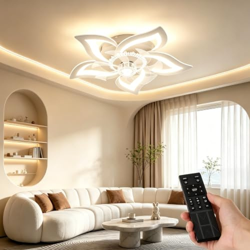 Panana Flower Ceiling Fan with Light, 6 Speed Quiet Fan Light, 3 Color Dimmable LED Bedroom Fan Light, Timer & Night Light, Remote & APP Control Ceiling Fan Lamp for Living Room (White)