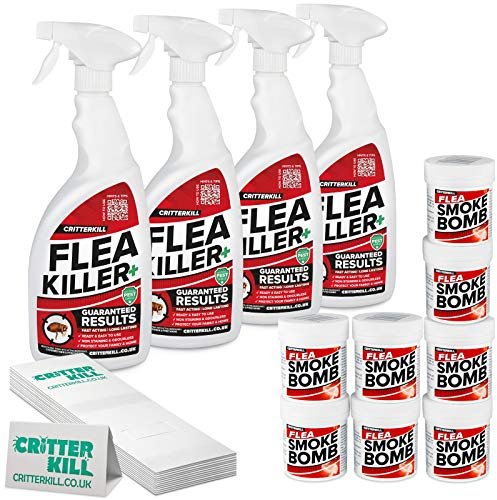 CritterKill Flea Killer Kit - For High Level Home Infestation - Professional Flea Spray + Smoke Bombs + Insect Traps (4L / 8x16g / 12)