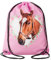 Turnbeutel Kinder Mädchen Pferde-Motiv 34x43-cm Sport-Wäsche-Beutel für Kita aus Nylon, reflektierend & wasserabweisend Herz rosa