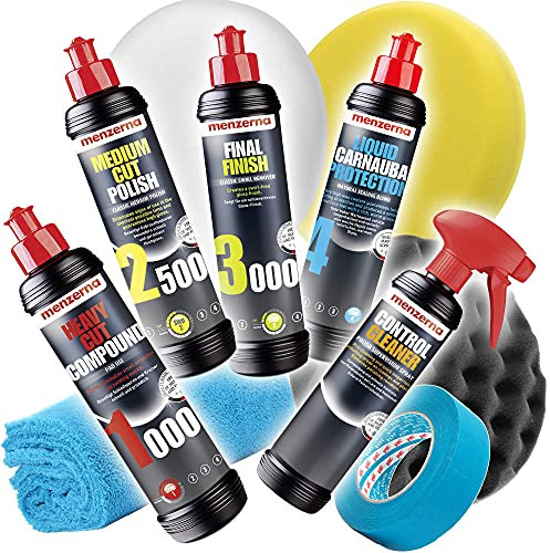 detailmate Set de pulido- Menzerna Super Heavy Cut Compund 1000 + Medium Cut 2500 + Final Finish 3000 + Liquid Carnauba + 3x acolchado 150 mm + paño de pulido de microfibra esponjoso + 3M Scotch Banda