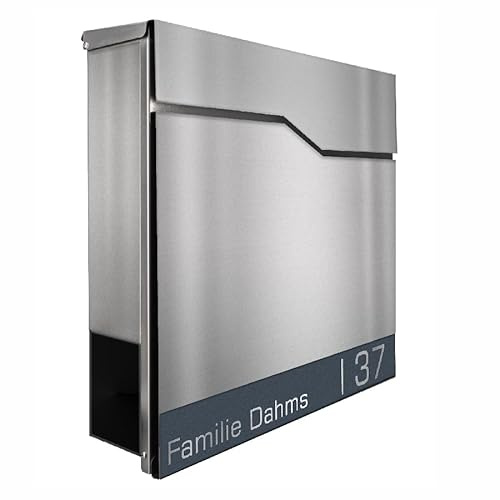 Zalafino Briefkasten mit Beschriftung Namen Hausnummer - RARITÄT – individualisierbarer Design Briefkasten aus Edelstahl mit Zeitungsrolle - Model Torben