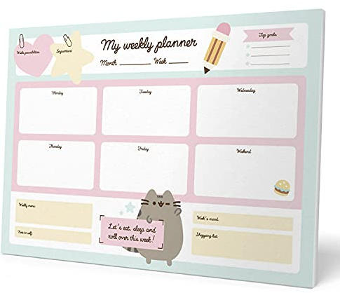Grupo Erik Wochenplaner Block A3 - Terminplaner A3 Pusheen Schreibtischunterlage Kinder und Erwachsene - Kalender Planer Tischkalender ohne Datum - Offizielles Lizenzprodukt | Pusheen Stuff 90 g/m² Papier Tagesplaner Wochenplaner ADHS Planer Block Verbesserung der Produktivität Aufgabenplaner