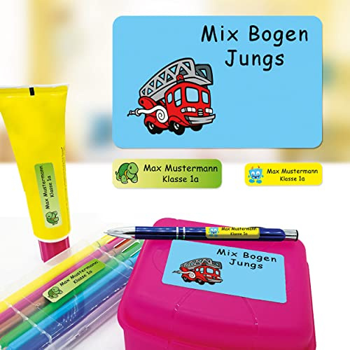 Namensaufkleber Jungen Mix personalisiert 60 Stück Schule Kita Kinder | Namenssticker mit Wunschname für Brotdose Trinkflasche Stifte Schule Federmappe Kindergarten Schulstart spülmaschinenfest