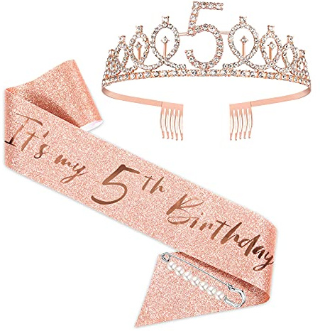 SZHUIHER Fusciacca e diadema del 5 ° Compleanno per Ragazze, Fusciacca in Oro Rosa 5 e favolosa Fascia e diadema per Ragazze, 5 ° Regalo di Compleanno per Buon Compleanno
