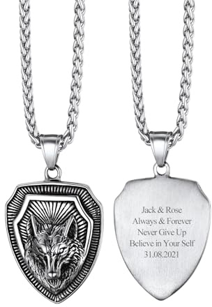 Richsteel Collar Vikingo Hombre Escudo con Cabeza de Lobo Color Plata, Colgante para Personalizar