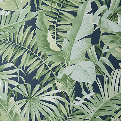 Sample Navy Green Maui Leaf Wallpaper Tropical Jungle Palm Modern Natural