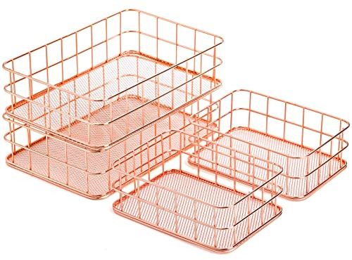 Hacaroa 4 Stück rotgoldener Drahtgitterkorb, Metall-Schreibtisch-Schubladen-Organizer, Schreibtisch-Halter für Kosmetik, Schreibwaren, Zeitschriften, Obst-Snacks, Zuhause, Schule, Büro, 2 Größen