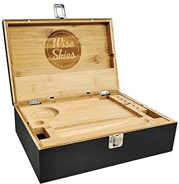 Wise Skies Wooden Rolling Box - Boxes with Hinged Lids Rolling Tray Storage (X - Large - Black)