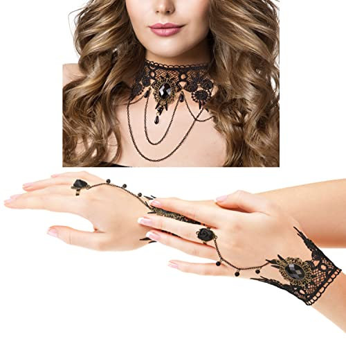 Balinco GOTHIC CHARLESTON 2er SCHMUCK SET, Choker Halskette & Handstulpen Damen, Vintage, Halsschmuck Damen, Goth Accessoires, Karneval-, Fasching-, Motto Party-, Halloween Outfit
